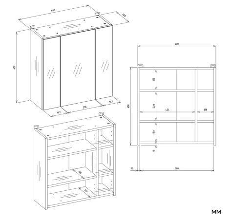 Szafka Łazienkowa POLA 3L Wisząca Z 3 Lustrami Nad Umywalkę 3 Drzwi BIAŁA-7