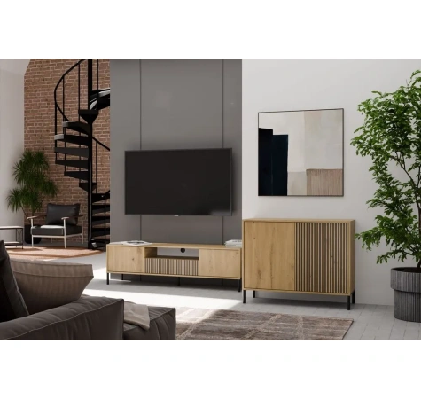 Komoda Front Ryflowany Szafka KAMARO 2D Slim / Gładki DĄB ARTISAN Lamele-2