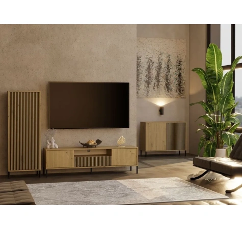 Komoda Front Ryflowany Szafka KAMARO 2D Slim / Gładki DĄB ARTISAN Lamele-4