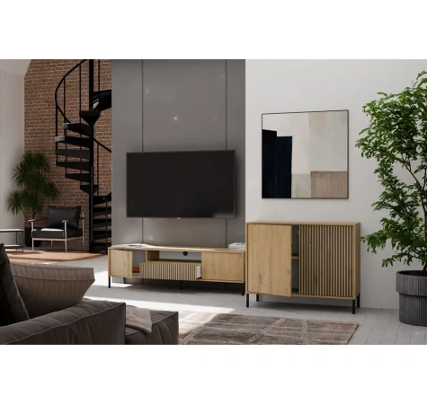 Komoda Front Ryflowany Szafka KAMARO 2D Slim / Gładki DĄB ARTISAN Lamele-5