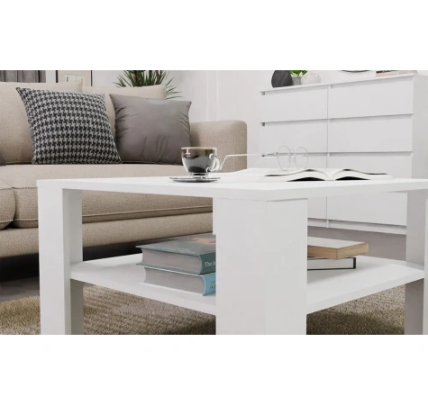 Stolik Kawowy Z Półką Pod Blatem SQUARE BIAŁY Ława Do Salonu Pokoju-3