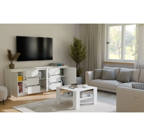 Stolik Kawowy Z Półką Pod Blatem SQUARE BIAŁY Ława Do Salonu Pokoju-4