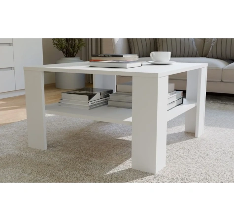 Stolik Kawowy Z Półką Pod Blatem SQUARE BIAŁY Ława Do Salonu Pokoju-5