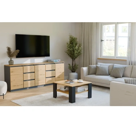 Stolik Kawowy Z Półką Pod Blatem SQUARE DĄB ARTISAN CZARNY Ława Do Salonu Pokoju-5