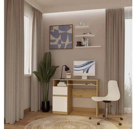 Biurko Komputerowe PORTO LEWE DĄB ARTISAN / BIAŁY Z Szufladą 98,5x75x51 Cm-2