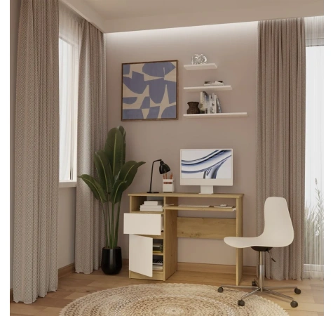 Biurko Komputerowe PORTO LEWE DĄB ARTISAN / BIAŁY Z Szufladą 98,5x75x51 Cm-4