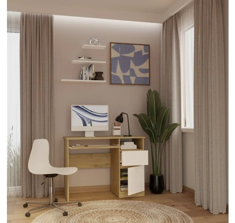 Biurko Komputerowe PORTO PRAWE DĄB ARTISAN / BIAŁY Z Szufladą 98,5x75x51 Cm-4