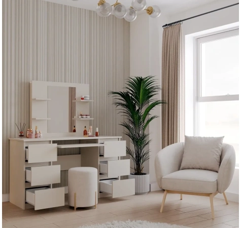 Toaletka Kosmetyczna Z Lustrem Do Makijażu Zestaw MARINA 4P + KUBA Biurko KASZMIR-4