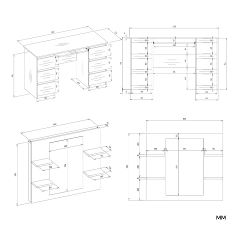 Toaletka Kosmetyczna Z Lustrem Do Makijażu Zestaw MARINA 4P + KUBA Biurko KASZMIR-6