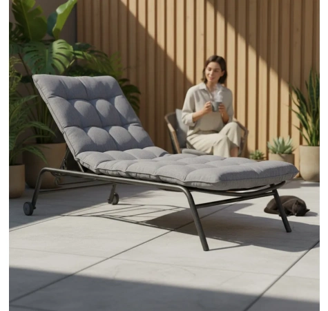 Leżak VIBE Ogrodowy z Poduszką Stalowy Regulacja Czarny Szary-2