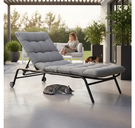 Leżak VIBE Ogrodowy z Poduszką Stalowy Regulacja Czarny Szary-6
