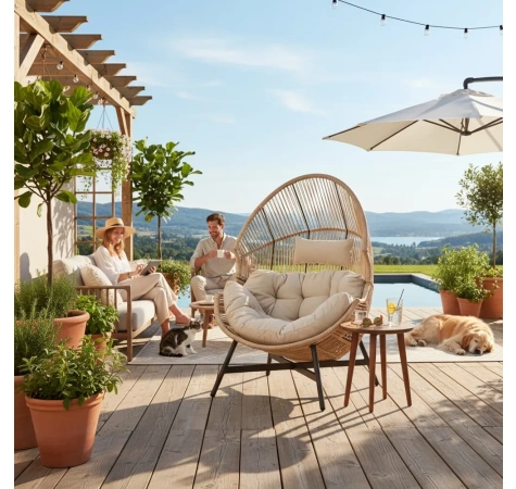 Fotel HOLAND Ogrodowy z Poduszką Rattanowy Stalowy 142 cm BEŻOWY-2