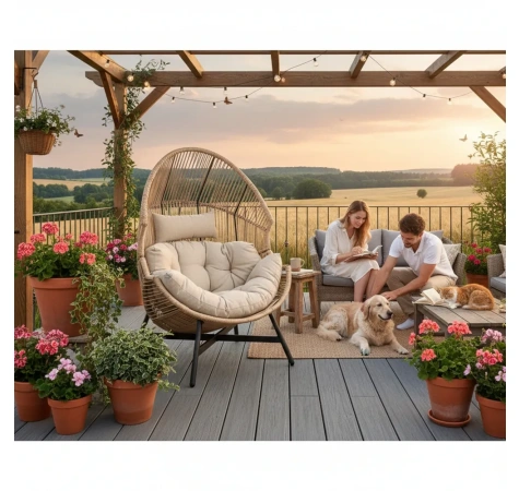 Fotel HOLAND Ogrodowy z Poduszką Rattanowy Stalowy 142 cm BEŻOWY-4