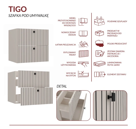 SZAFKA POD UMYWALKĘ TIGO 60 2S KASZMIR 2 SZUFLADY RYFLOWANY FRONT WISZĄCA-7