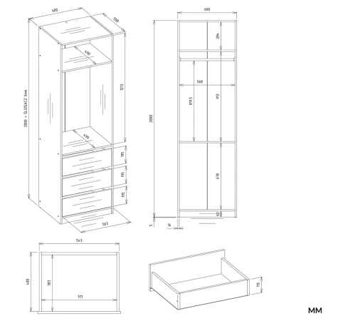 Garderoba Szafa OPENO 1W1P3S BIAŁA Modułowa Regał z Drążkiem 3 Szuflady-6