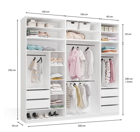Garderoba Modułowa OPENO ZESTAW 260/250 BIAŁA Szuflady Drążki Półki Duża Do Sypialni-6