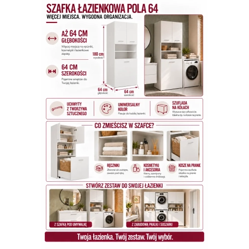 SZAFKA Łazienkowa Słupek POLA 64 BIAŁY Głęboka 64 Cm Szuflada na Kółkach-6