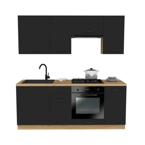 MEBLE KUCHENNE ZESTAW VARIO 200CM Z3 CZARNY/CZARNY BLAT DĄB EVOKE BEZ AGD-1