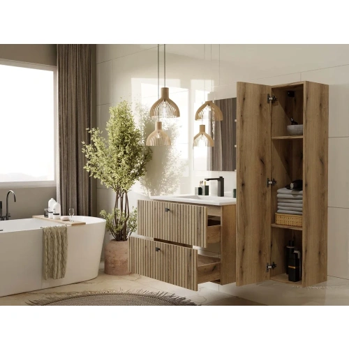 SZAFKA POD UMYWALKĘ TIGO 80 2S DĄB EVOKE 2 SZUFLADY RYFLOWANY FRONT WISZĄCA-3