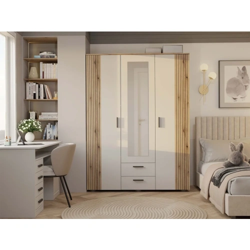 SZAFA AVA 150 CM LUSTRO 2 SZUFLADY RYFLOWANY FRONT DĄB EVOKE KASZMIR BEŻ-2
