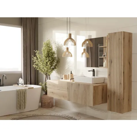 SZAFKA POD UMYWALKĘ TIGO 1D2S DĄB EVOKE 140 CM 2 SZUFLADY RYFLOWANY FRONT WISZĄCA-5