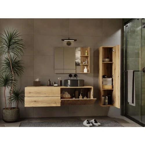 SZAFKA POD UMYWALKĘ TIGO 1D2S DĄB EVOKE 140 CM 2 SZUFLADY RYFLOWANY FRONT WISZĄCA-4