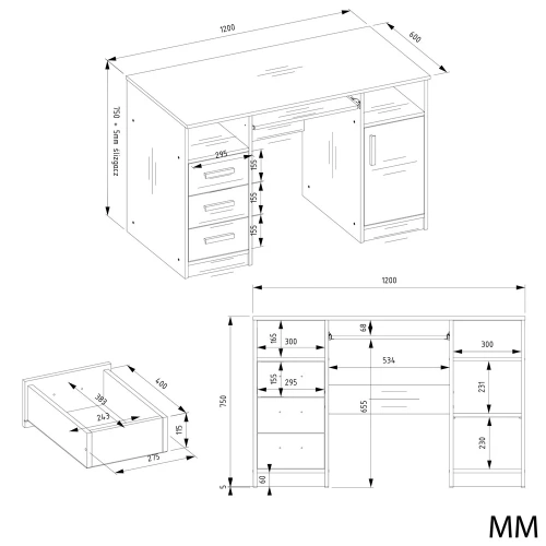 BIURKO DELTA BIAŁE 120 Cm 3 Szuflady Szafka Półki Do Biura Pokoju Na Laptop-5