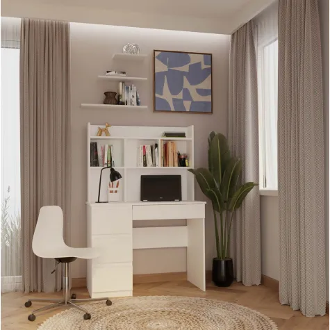 Biurko MIJAS Lewe Z Nadstawką Biel Mat 4 Szuflady 4 Półki Do Biura Pokoju-5