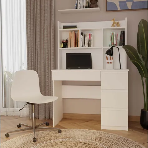 Biurko MIJAS Prawe z Nadstawką Biel Mat 4 Szuflady 4 Półki Do Biura Pokoju-2