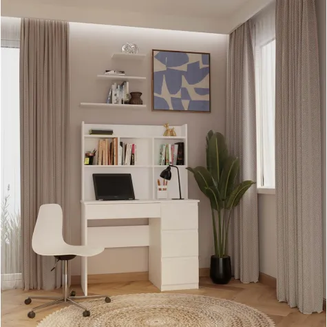 Biurko MIJAS Prawe z Nadstawką Biel Mat 4 Szuflady 4 Półki Do Biura Pokoju-3