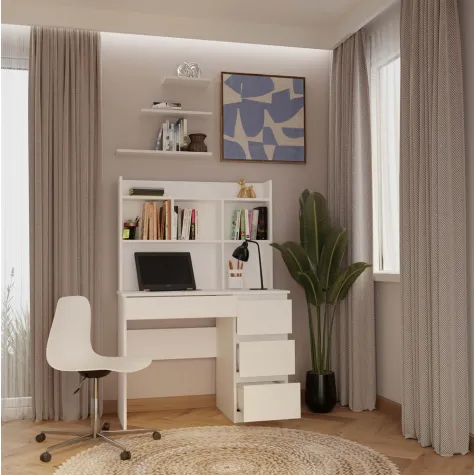 Biurko MIJAS Prawe z Nadstawką Biel Mat 4 Szuflady 4 Półki Do Biura Pokoju-4