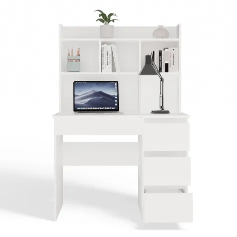 Biurko MIJAS Prawe z Nadstawką Biel Mat 4 Szuflady 4 Półki Do Biura Pokoju-11