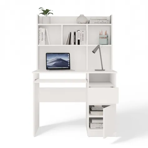 Biurko PORTO Prawe Z Nadstawką Biel Mat Szuflada Półki Do Biura Pokoju-12