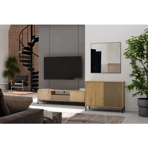 Komoda Front Ryflowany Szafka KAMARO 2D Slim / Gładki DĄB ARTISAN Lamele-2