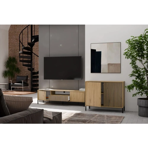 Komoda Front Ryflowany Szafka KAMARO 2D Slim / Gładki DĄB ARTISAN Lamele-5