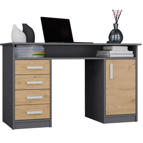 BIURKO ADA ANTRACYT DĄB ARTISAN 125 Cm 4 Szuflady Szafka Półki Do Biura Pokoju Na Laptop-1