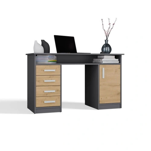 BIURKO ADA ANTRACYT DĄB ARTISAN 125 Cm 4 Szuflady Szafka Półki Do Biura Pokoju Na Laptop-9