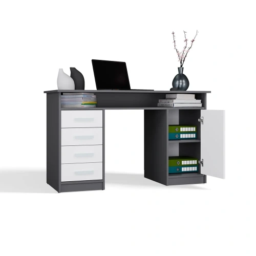 BIURKO ADA ANTRACYT BIAŁY 125 Cm 4 Szuflady Szafka Półki Do Biura Pokoju Na Laptop-5