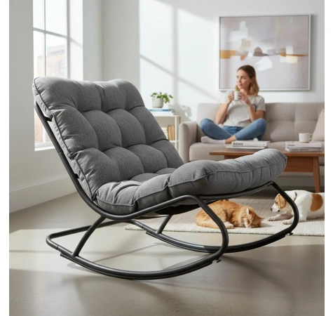 Fotel Bujany VIBE Ogrodowy z Poduszką Stalowy Czarny Szary 115 Cm-2