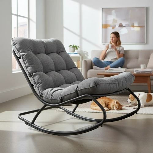 Fotel Bujany VIBE Ogrodowy z Poduszką Stalowy Czarny Szary 115 Cm-2