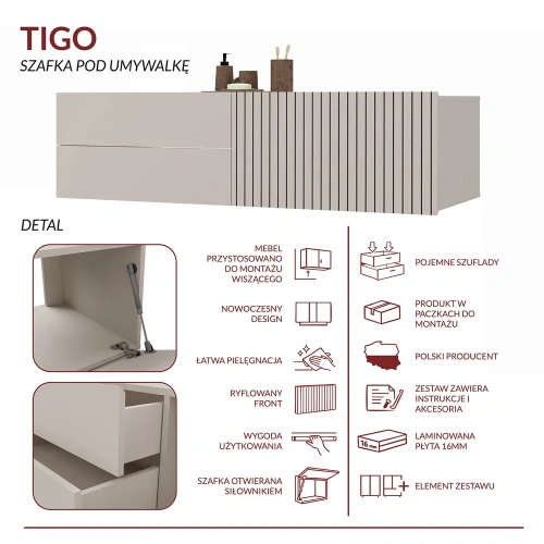 SZAFKA POD UMYWALKĘ TIGO 1D2S KASZMIR 140 CM 2 SZUFLADY RYFLOWANY FRONT WISZĄCA-6