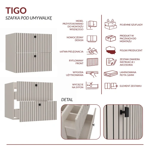 SZAFKA POD UMYWALKĘ TIGO 60 2S KASZMIR 2 SZUFLADY RYFLOWANY FRONT WISZĄCA-7