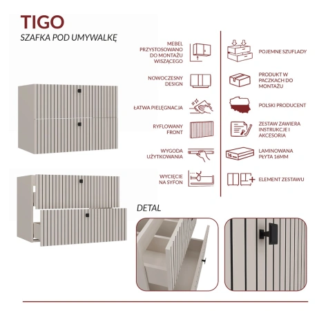 SZAFKA POD UMYWALKĘ TIGO 80 2S KASZMIR 2 SZUFLADY RYFLOWANY FRONT WISZĄCA-7