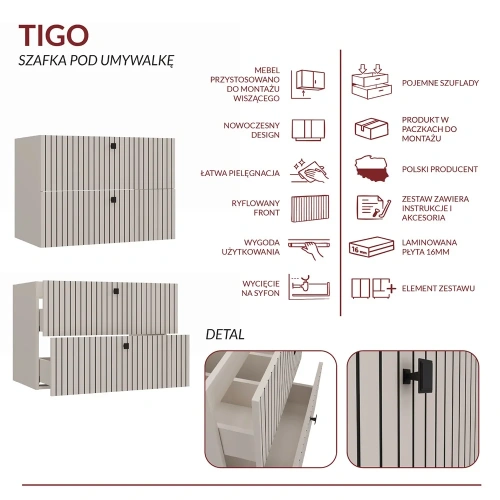 SZAFKA POD UMYWALKĘ TIGO 80 2S KASZMIR 2 SZUFLADY RYFLOWANY FRONT WISZĄCA-7