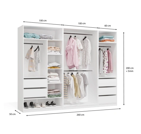 Garderoba Modułowa OPENO ZESTAW 260/200 BIAŁA Szuflady Drążki Półki Duża Do Sypialni-6