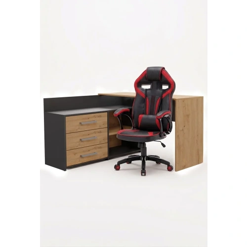 Zestaw BIURKO DANY Narożne ANTRACYT / DĄB ARTISAN + Fotel DRIFT CZERWONY-1