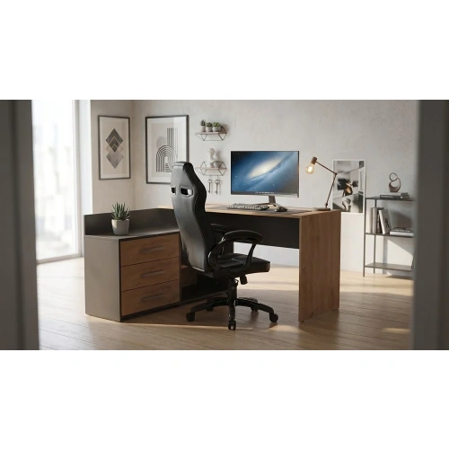 Zestaw BIURKO DANY Narożne ANTRACYT / DĄB ARTISAN + Fotel DRIFT CZARNY-2