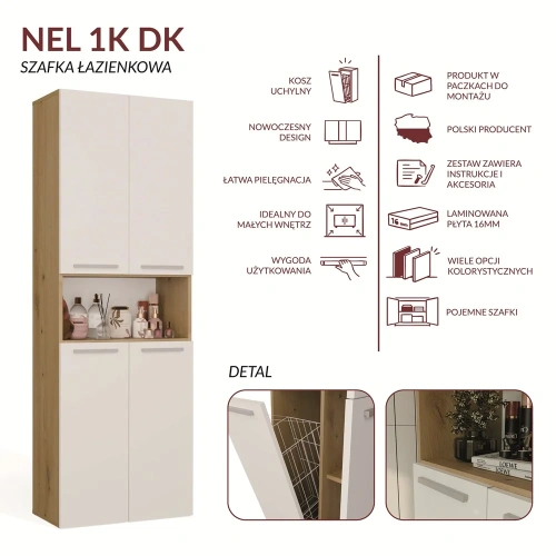 Szafka Łazienkowa NEL 1K DK Regał Słupek z Koszem Na Pranie DĄB ARTISAN / BIEL-7