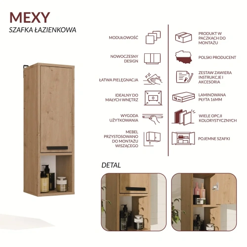 Szafka Łazienkowa Wisząca MEXY W1D Słupek 1 Drzwi 3 Półki DĄB ARTISAN-7