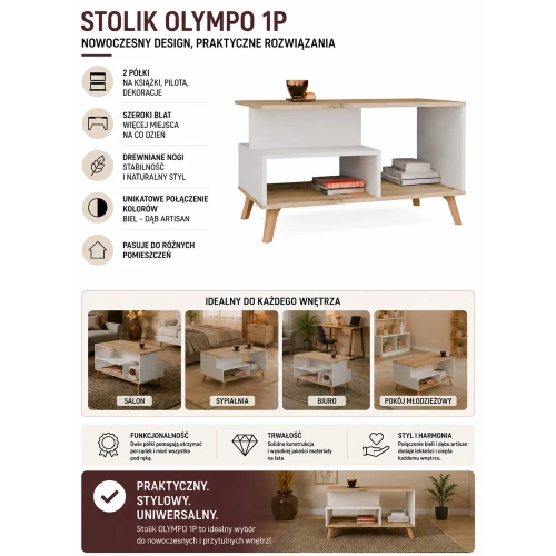 Stolik Kawowy OLYMPO 1P BIAŁY DĄB ARTISAN Ława do Salonu 90x49x48 Cm-5